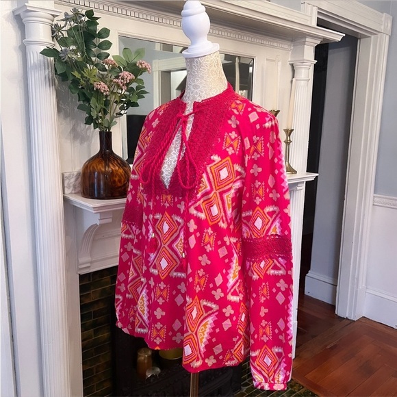 TORY BURCH 100% Cotton Pink & Orange Crotchet/Tassel Longsleeve Tunic Top Sz 6 - Picture 7 of 13